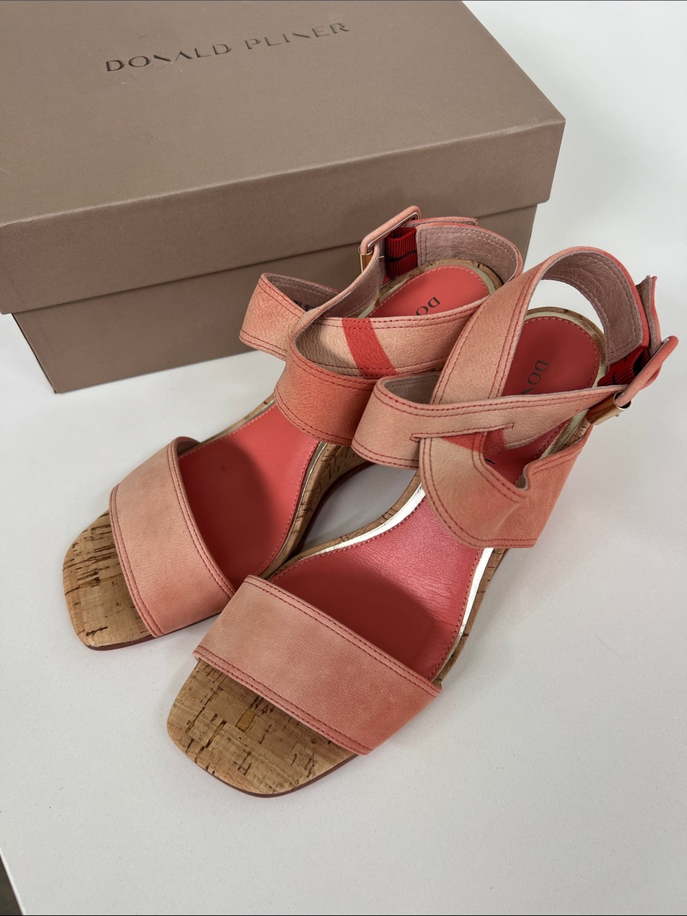 Donald Pliner bellville coral suede leather cork wedge open toe sandals heels 8